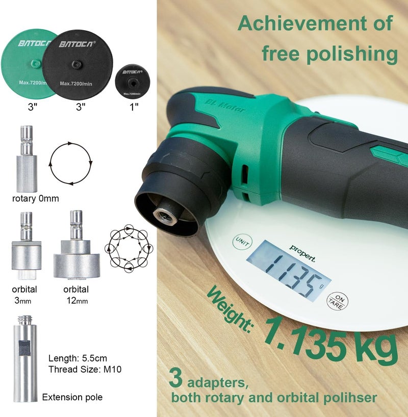 BATOCA S4 Cordless Polisher for Car Detailing with 2Pcs 12V 2.5Ah Batteries, Both Rotary Buffer & Dual Action Polisher, 1&3inch Brushless Polisher, Basic Kit - Image 3